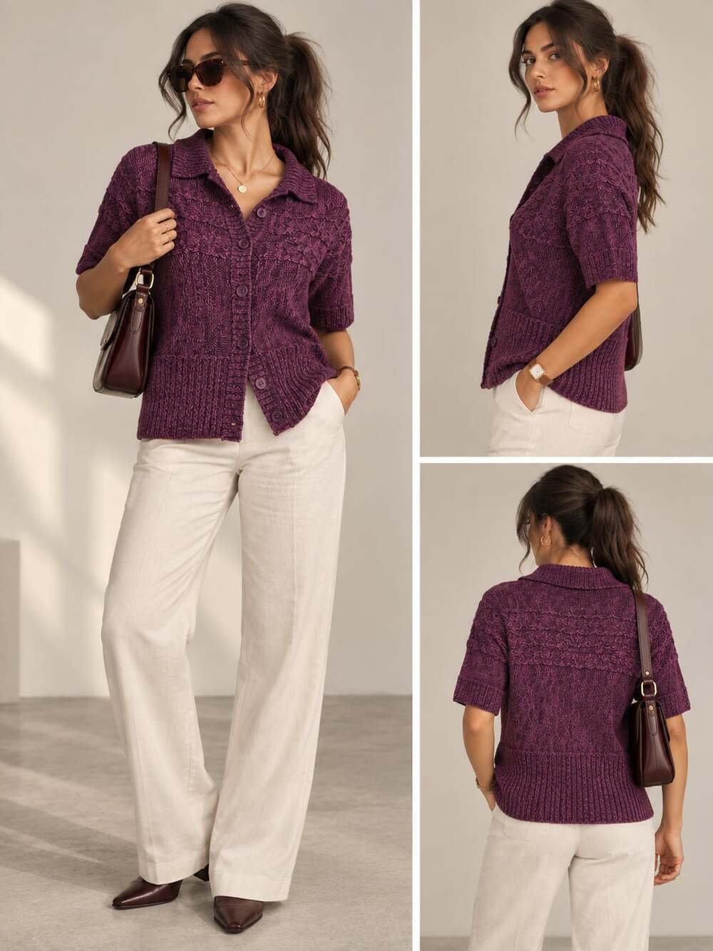 Soft Cozy Eggplant Purple Cable knit Cardigan Size 12 Acrylic w/ Collar